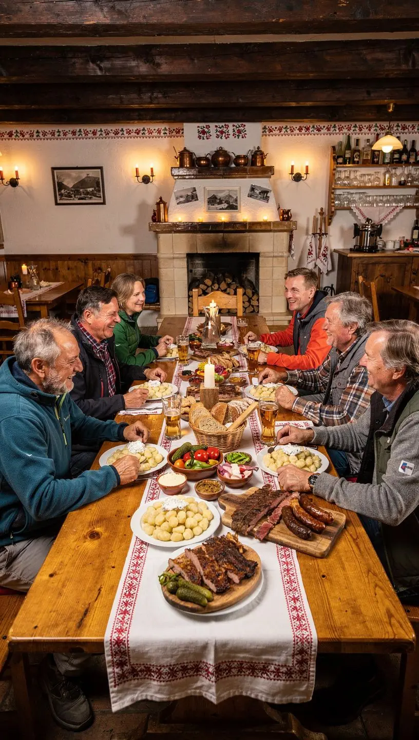 An inviting dining table set with various regional dishes, highlighting Slovakia's rich gastronomic heritage.